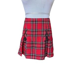 Vintage Y2K Red Tartan Plaid Lace Up Pleated Mini Skirt Size 2 Punk Skater Avril